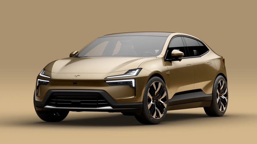 Front three-quarter of a gold Polestar 4