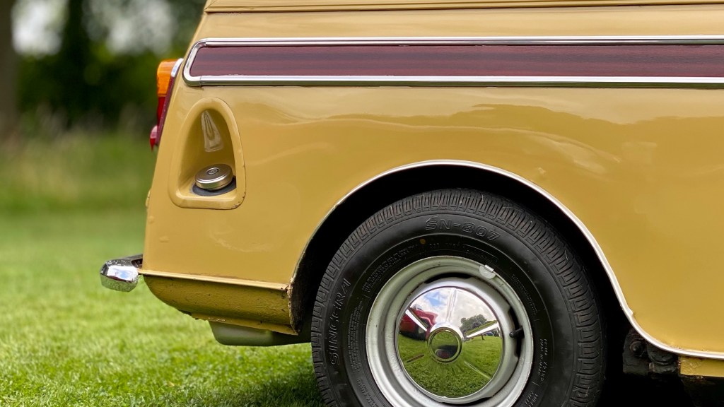 Rear side elevation details of a beige Mini Clubman Estate