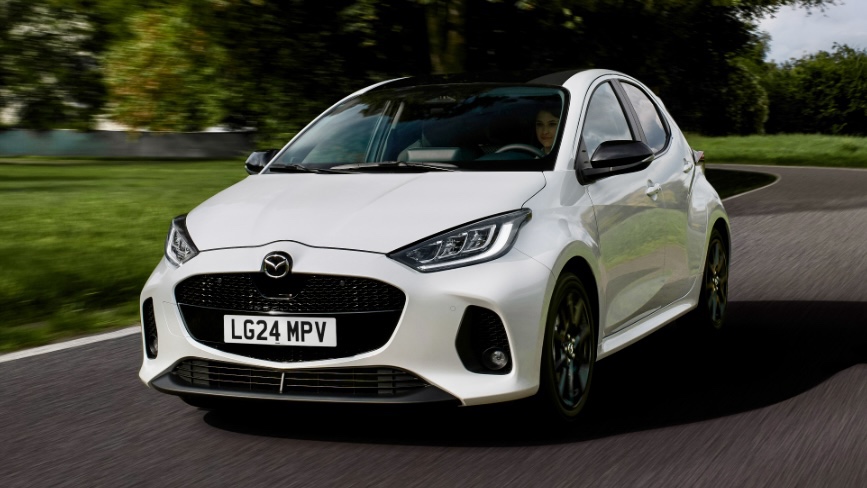 Front three-quarters of a white Mazda2 Hybrid