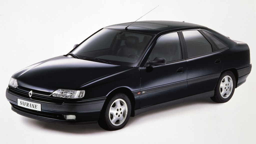 Elevated front three-quarters of a blue Renault Safrane V6