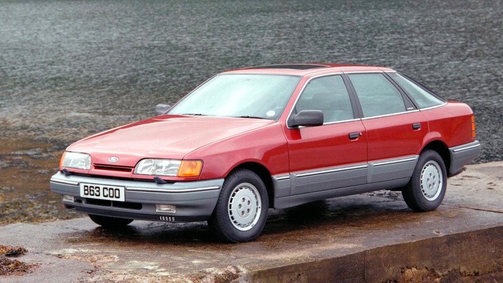 Front three-quarter of a red Ford Granada Scorpio Hatchback