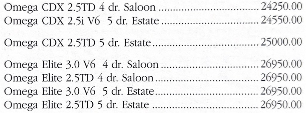 Pricing details from 1994 of some of the Vauxhall Omega range