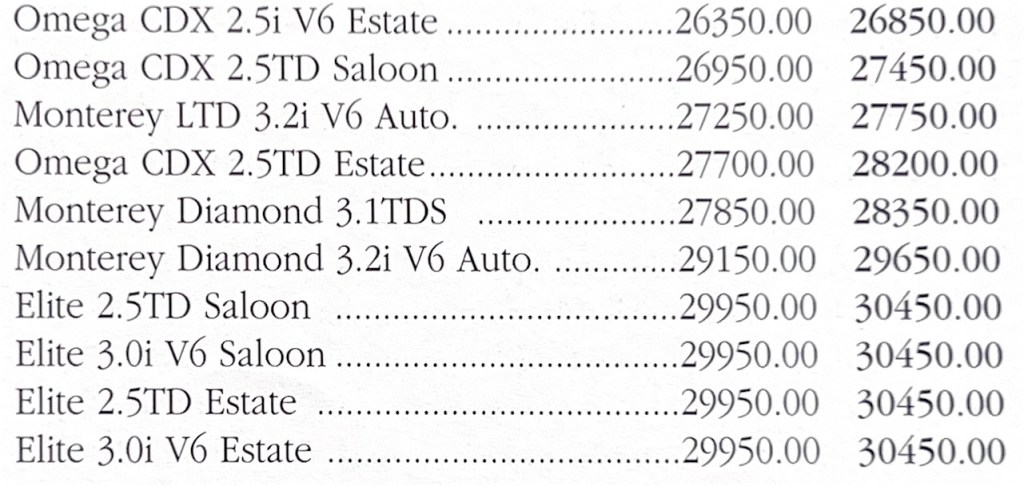 Pricing details from 1997 of some of the Vauxhall Omega, Elite and Monterey ranges
